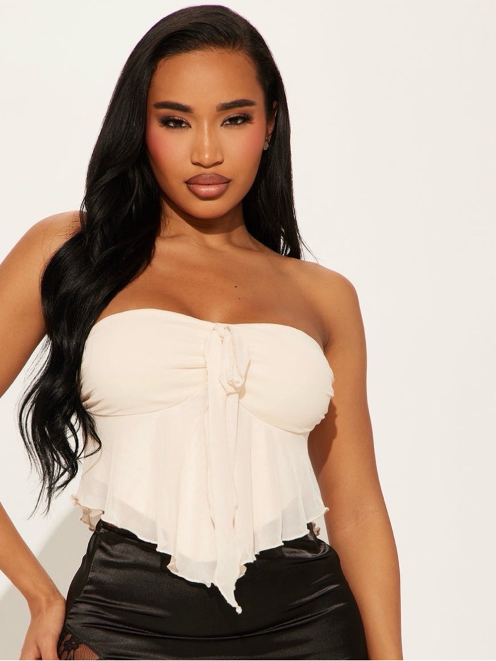 Fashion Nova Strapless Ruffle Tie-Front Camisole - Cream